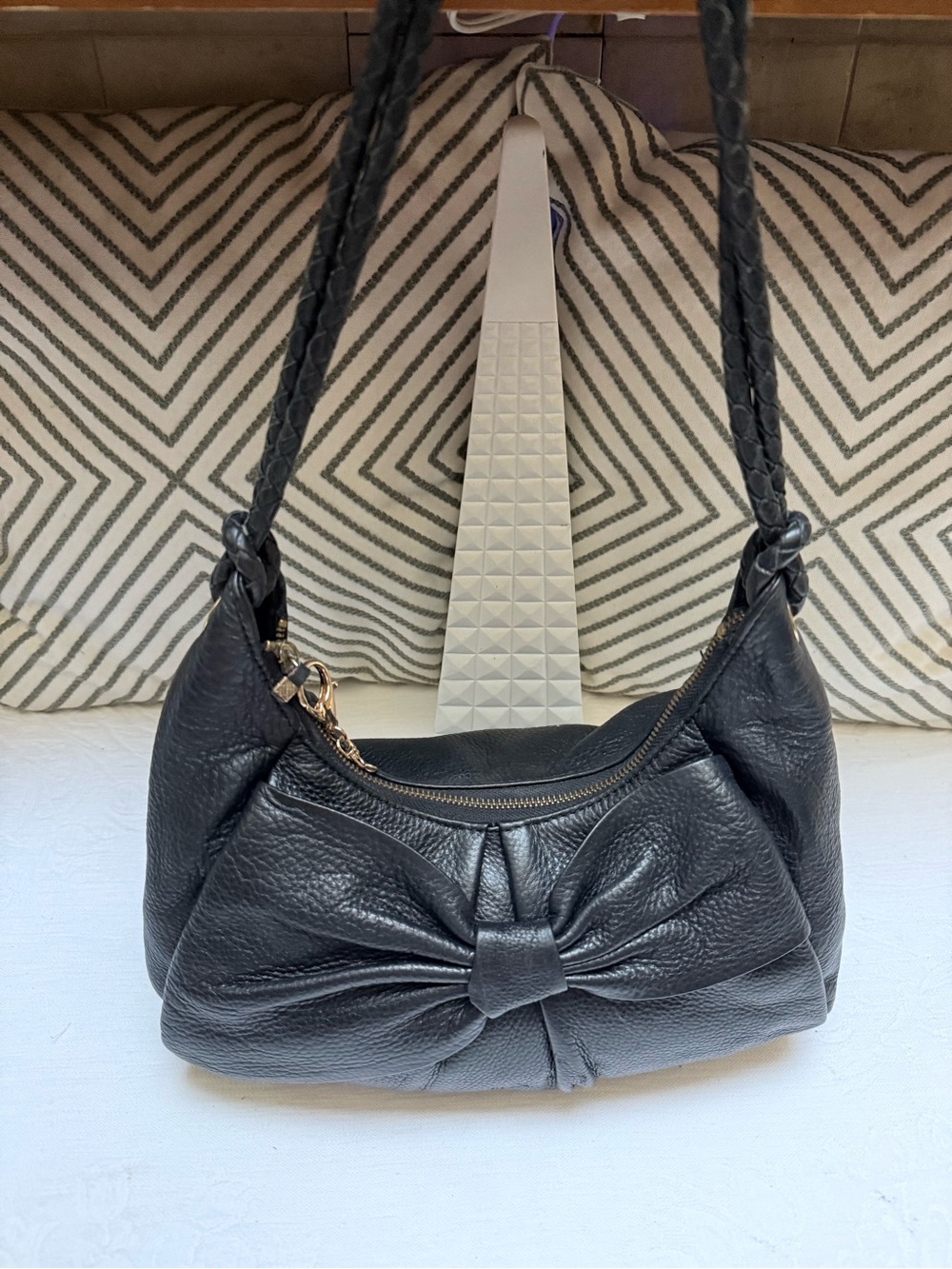 Elliott Lucca Black Leather Bow-Accent Shoulder Satchel